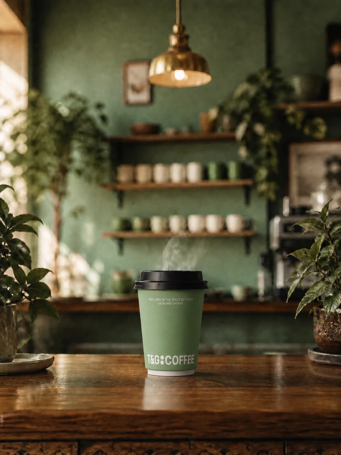 T&G green cup in a concrete coffee space